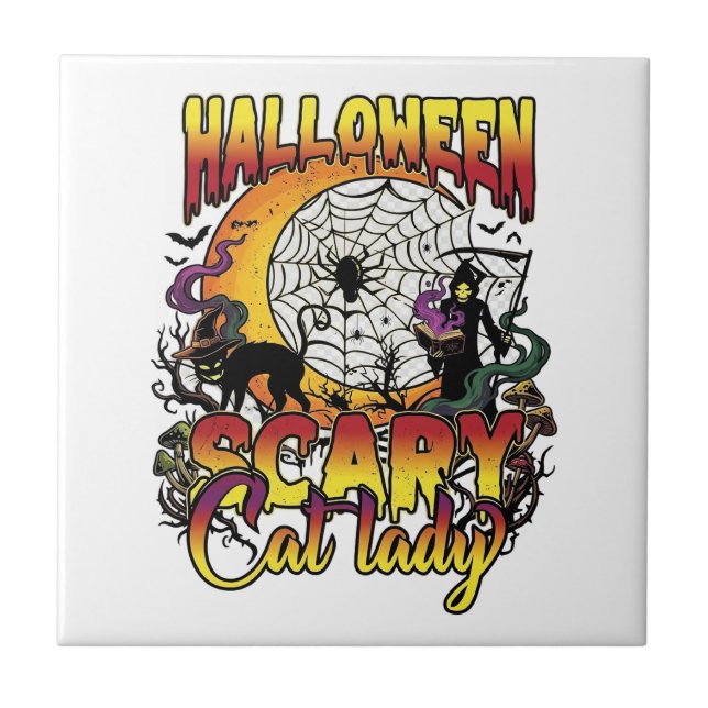 Carreau Dame de chat effrayante Halloween Faucheuse Lune M (Devant)