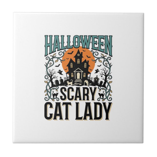 Carreau Dame de chat Halloween Maison hantée effrayante Vi (Devant)