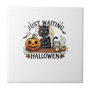 Carreau Dame de chat noir attendant juste Halloween Café g