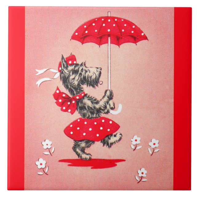 Carreau Dame de chien écossaise portant un parapluie (Devant)