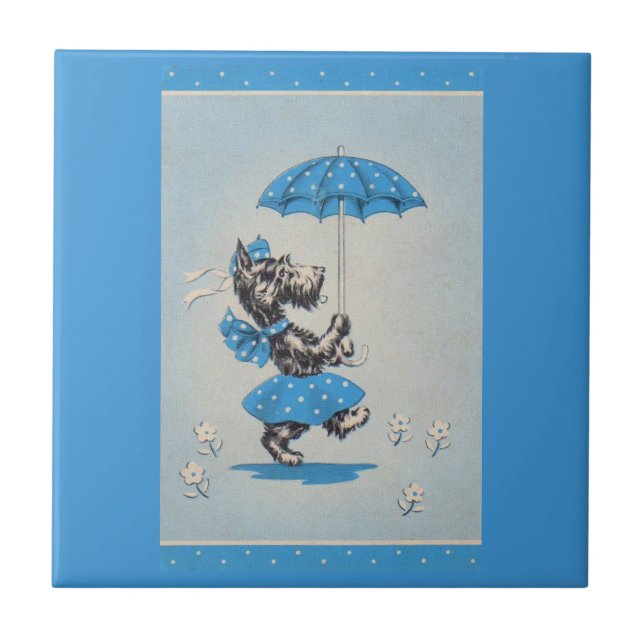 Carreau Dame de chien écossaise portant un parapluie (Devant)