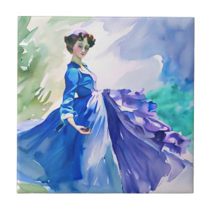 Carreau Dame en Robe Bleue - Peinture aquarelle