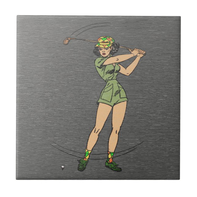 Carreau Dame golfeuse de bande dessinée rétro (Devant)