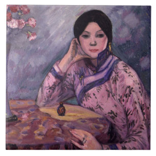Carreau Dame japonaise avec une bouteille de parfum
