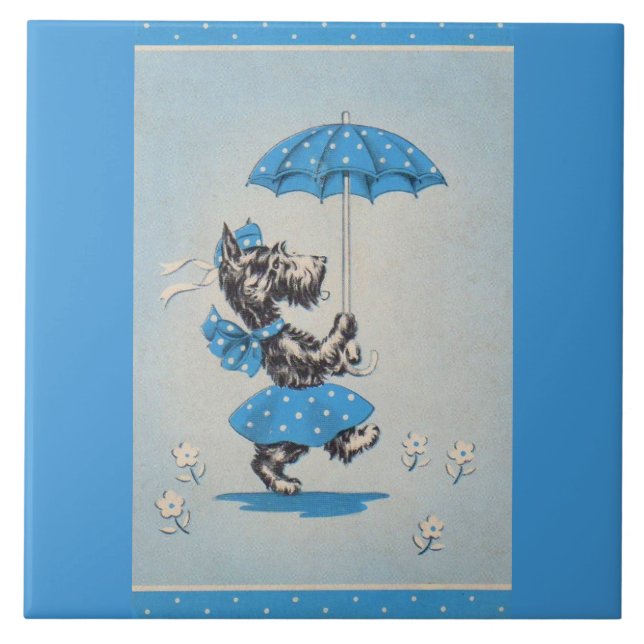 Carreau Dames de chien écossaises portant un parapluie (Devant)