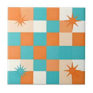 Carreau Damier en éclatement d'étoiles sarcelle orange Rét