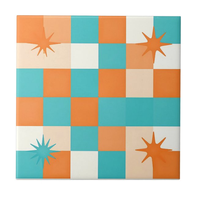 Carreau Damier en éclatement d'étoiles sarcelle orange Rét (Devant)