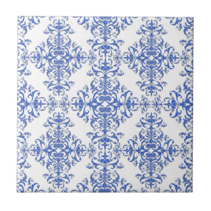 Carreau Damier floral élégant bleu cobalt et blanc