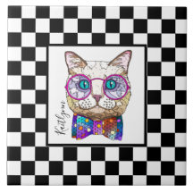 Damier rétro N&B, chat hipster, personnalisé