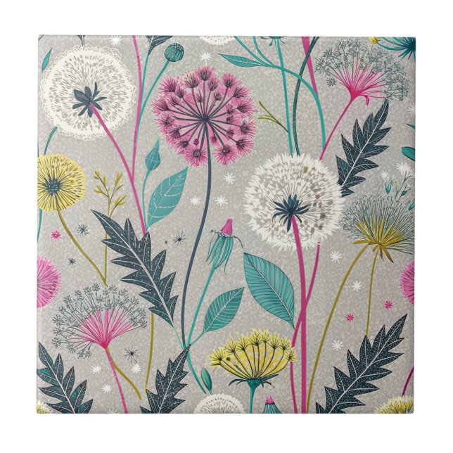 Carreau Dandelion et feuillage vibreux Motif sans couture (Devant)