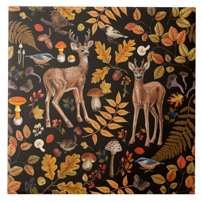 Carreau Dans les bois / Cerf d'automne sur noir (Devant)