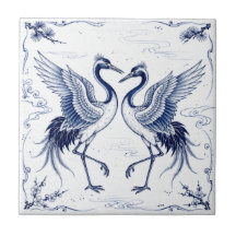 Danse de la grue Style Imari japonais bleu blanc