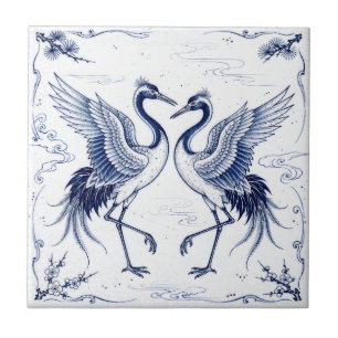 Carreau Danse de la grue Style Imari japonais bleu blanc