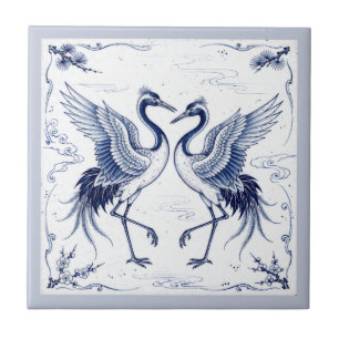 Carreau Danse de la grue Style Imari japonais bleu blanc
