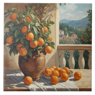 Carreau d'arbre à oranges sicilien avec vue sur ba