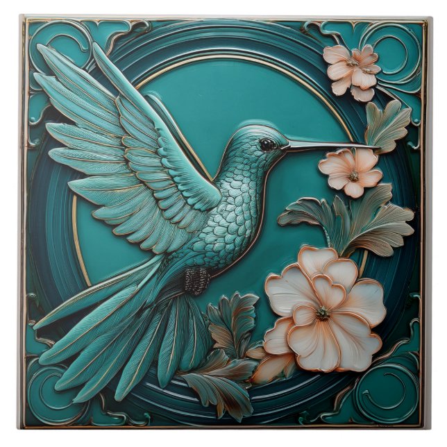Carreau Dark teal faux relief Art Nouveau Hummingbird R (Devant)