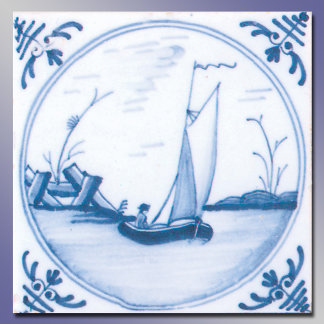 Carreau d'art Delft vintage voilier bleu blanc