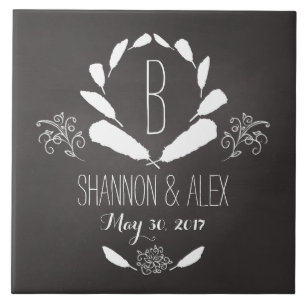 Carreau Date de mariage de monogramme de tableau de plume