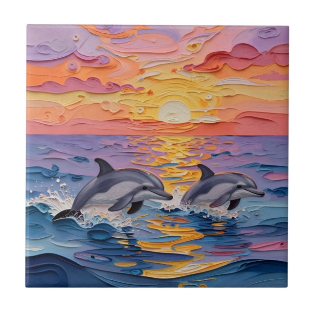 Carreau Dauphins et vagues océaniques en impasto   (Devant)