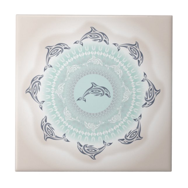Carreau Dauphins Mandala Bleu Pâle Taupe (Devant)