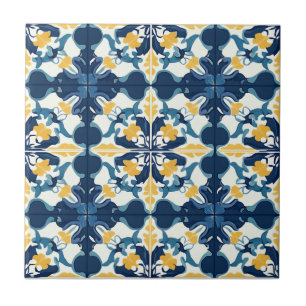 Carreau de céramique à motif bleu et or