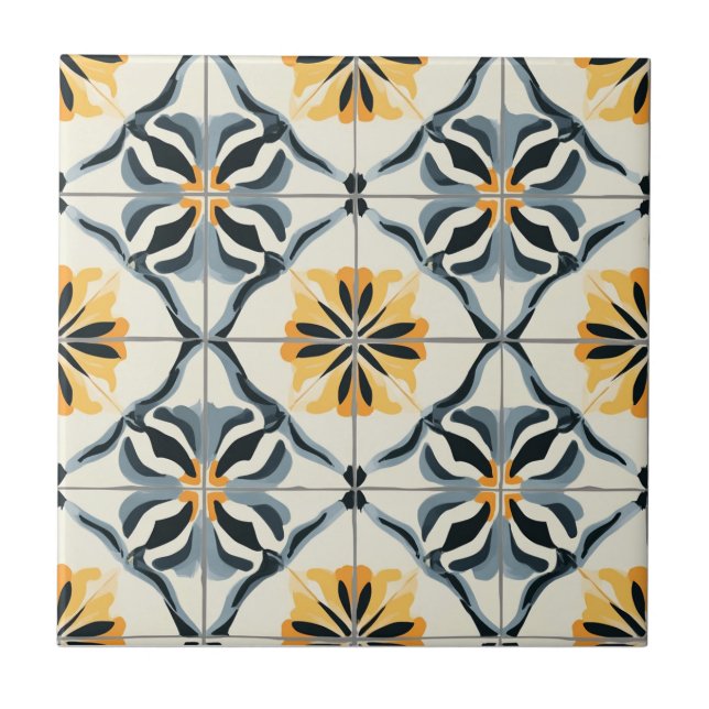 Carreau de céramique à motif bleu or et blanc cass (Devant)