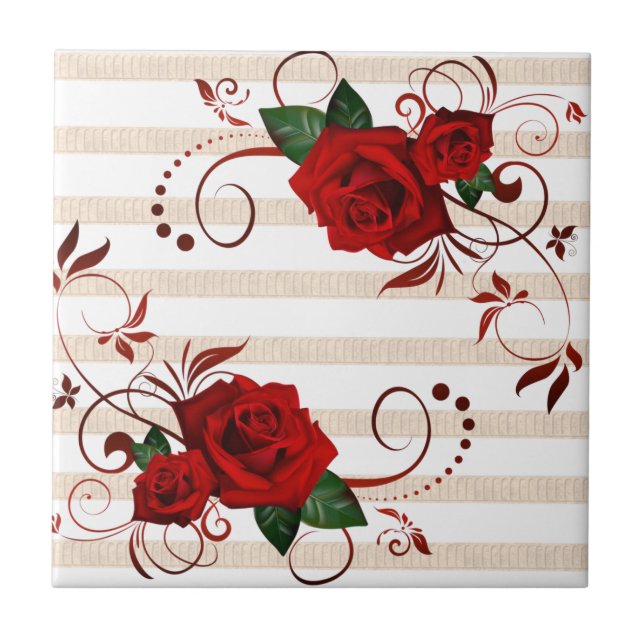 Carreau de céramique à rayure beige Fleur rouge ro (Devant)