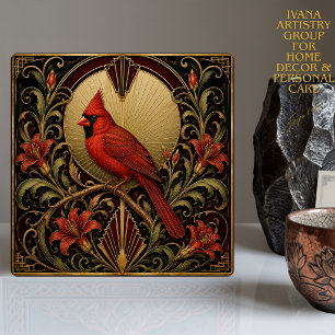 CARREAU DE CÉRAMIQUE ART DÉCO ROUGE ORNÉ CARDINAL