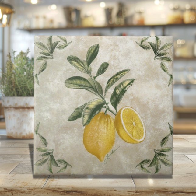 Carreau de céramique aux citrons vintage (Rustic Vintage Italian Lemons Ceramic Tile)