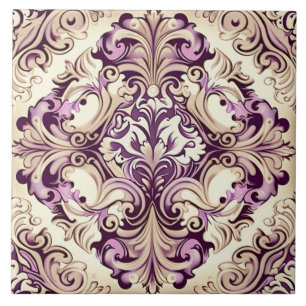 Carreau de céramique baroque damassé beige et rose