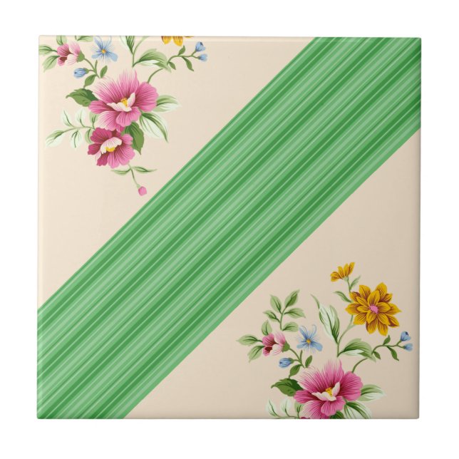 Carreau de céramique beige à rayure verte florale (Devant)
