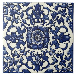 Carreau de céramique bleu et blanc, rose, style ch