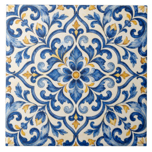 Carreau de céramique bleu et or méditerranéen