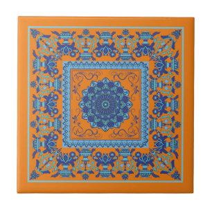 Carreau de céramique bleu et orange à motif islami