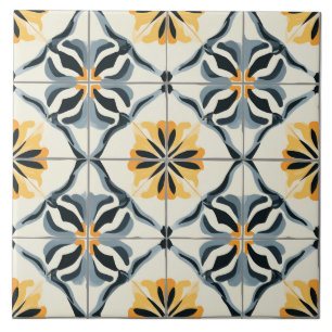 Carreau de céramique bleu, or et blanc cassé
