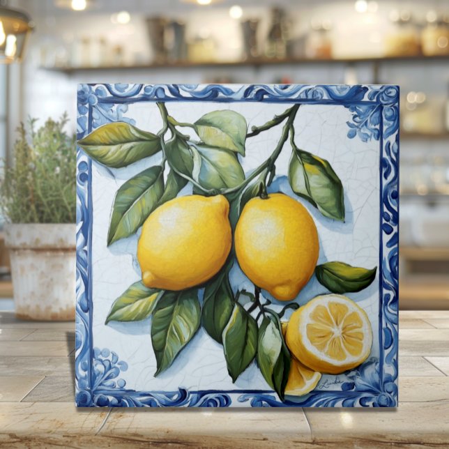 Carreau de céramique citron avec bordure bleu clas (Classic blue border Italian Lemons and Leaves Ceramic Tile)