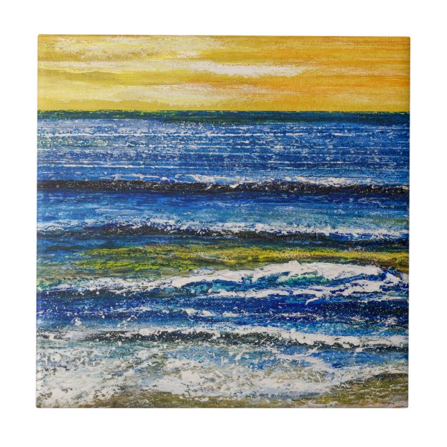 Carreau de céramique - Coucher de soleil et vagues (Devant)