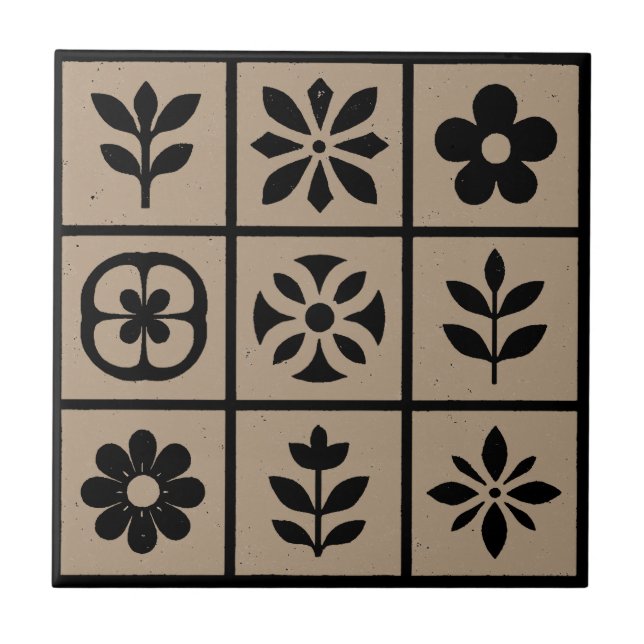 Carreau de céramique de floral rétro boho | Brun c (Devant)