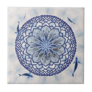 Carreau de céramique de mandala bleu de Koi Lotus