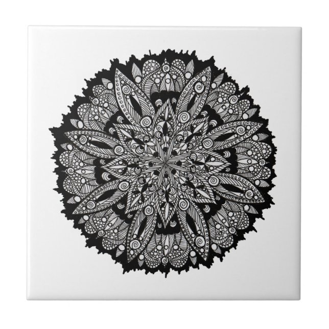 Carreau de céramique de mandala noir et blanc (Devant)