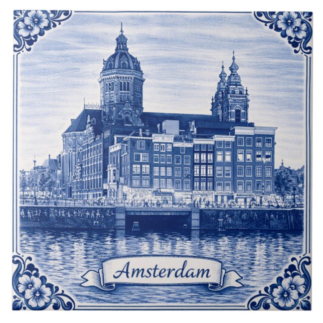 carreau de céramique de style bleu Delft d'Amsterd (Devant)