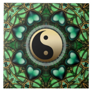Carreau de céramique de Yin Yang d'or de coeurs d