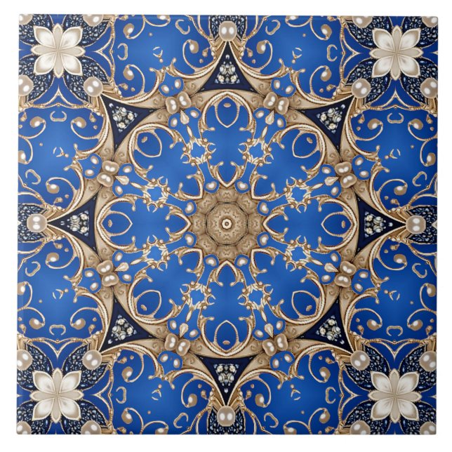 Carreau de céramique décoratif bleu or (Devant)