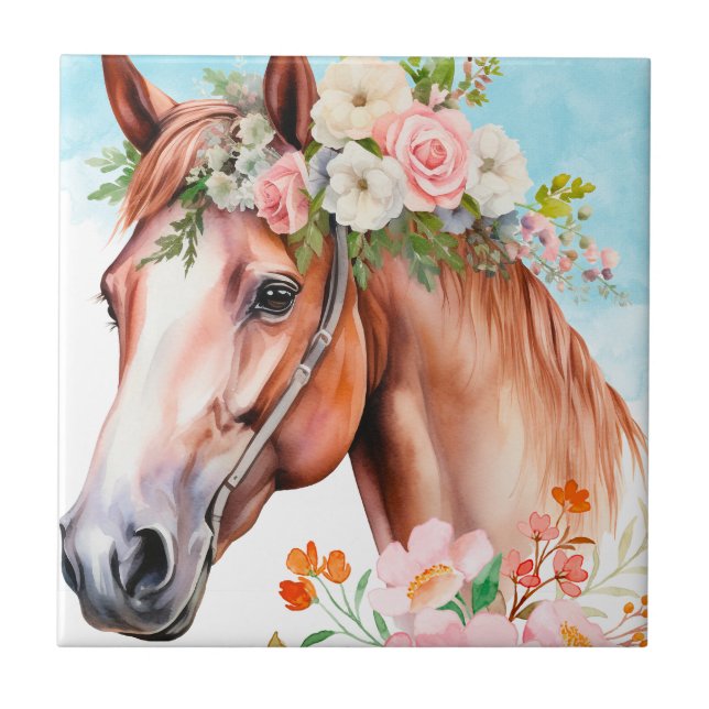 Carreau de céramique décoratif Cheval Fleurs à l'a (Devant)