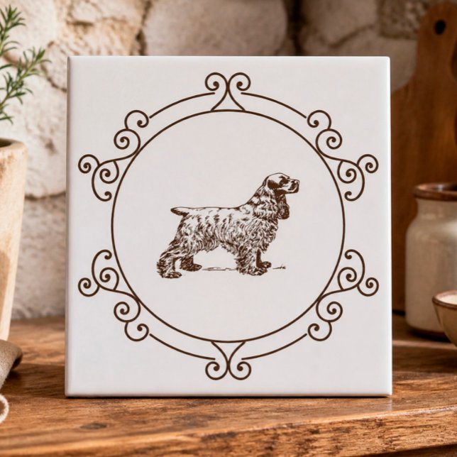 Carreau de céramique décoratif Cocker Spaniel (Cottage charm meets heritage style in this elegant ceramic tile with vintage dog artwork)