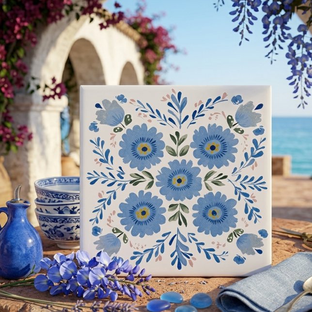 Carreau de céramique décoratif d'art populaire flo (Blue Folk Art Floral Decorative Ceramic Tile)