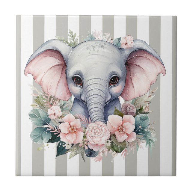 Carreau de céramique éléphant à rayures grises et  (Devant)