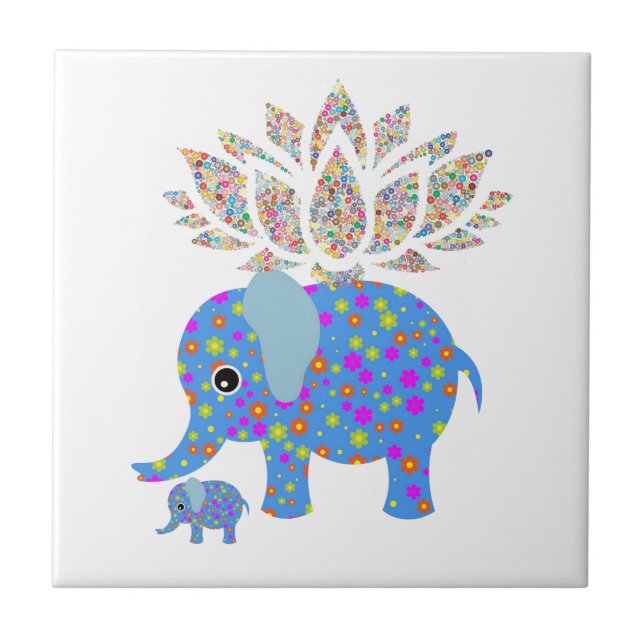 Carreau de céramique  Éléphant Bleu Amour Floral (Devant)