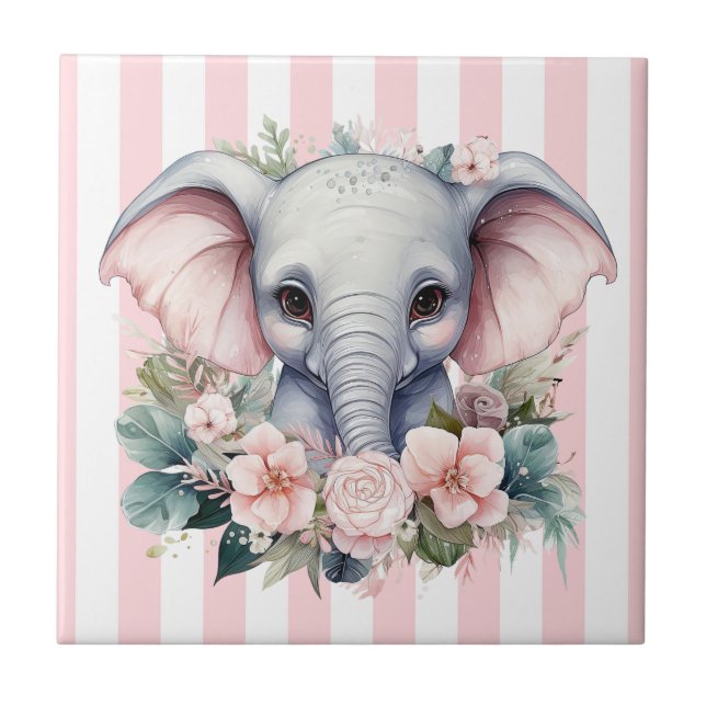 Carreau de céramique Éléphant floral rayé rose et  (Devant)