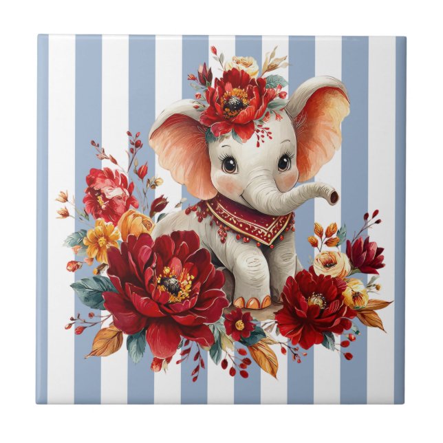 Carreau de céramique éléphant floral rayure bleu e (Devant)